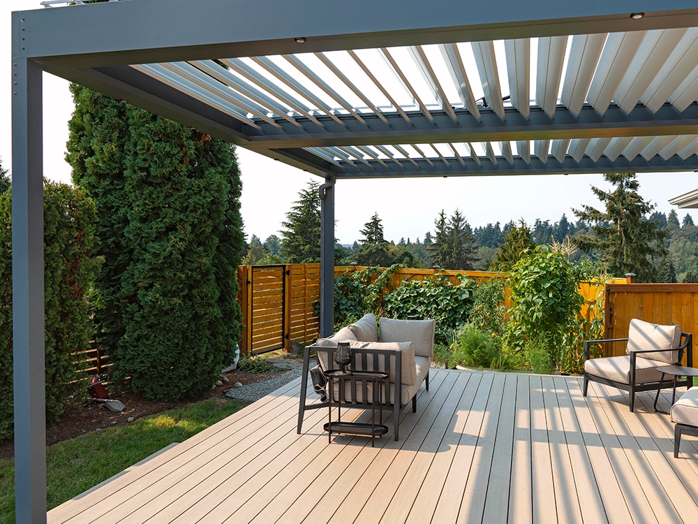 Pergola over a deck with furniture