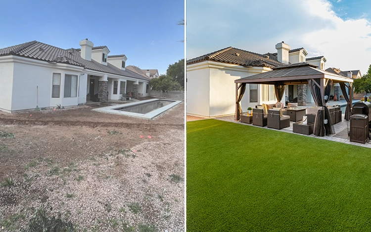 Before and after yard transformation with artificial turf, pergola, and pavers in Arizona. 