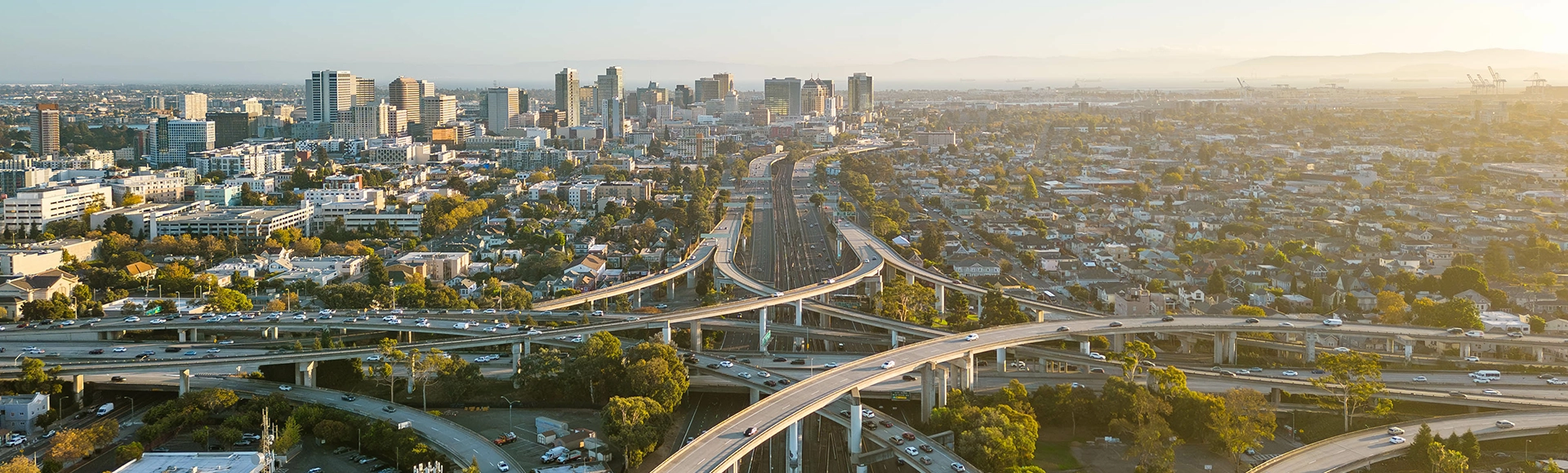 A drone view over the freeway cypress in Oakland, California during sunset with the downtown in the background.