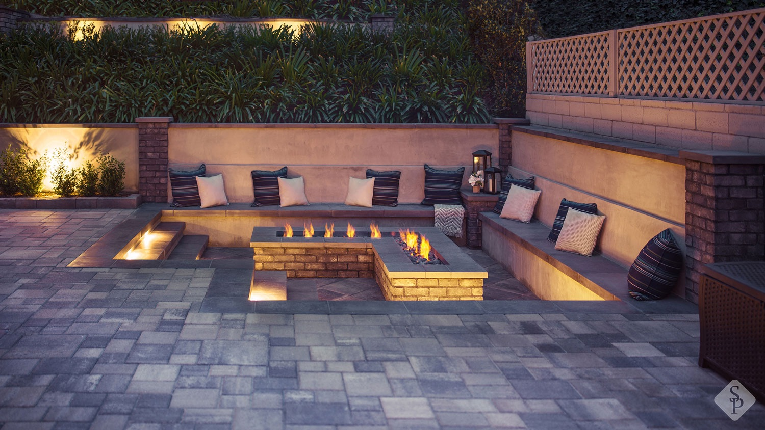 sunk in outdoor fireplace, pavers