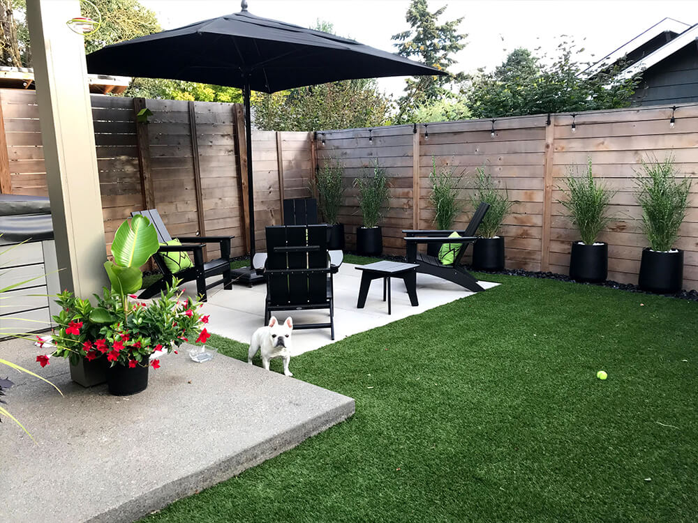 Back yard with artificial turf and paver patio with dog
