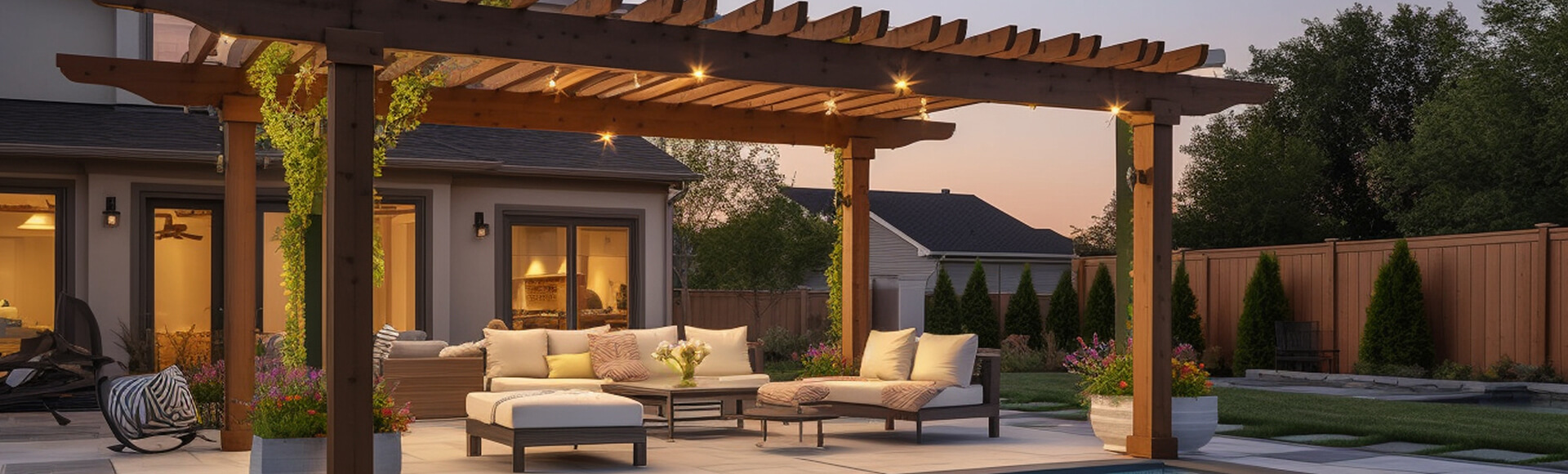 Patio with pergola by pool with outdoor lighting at dusk. 