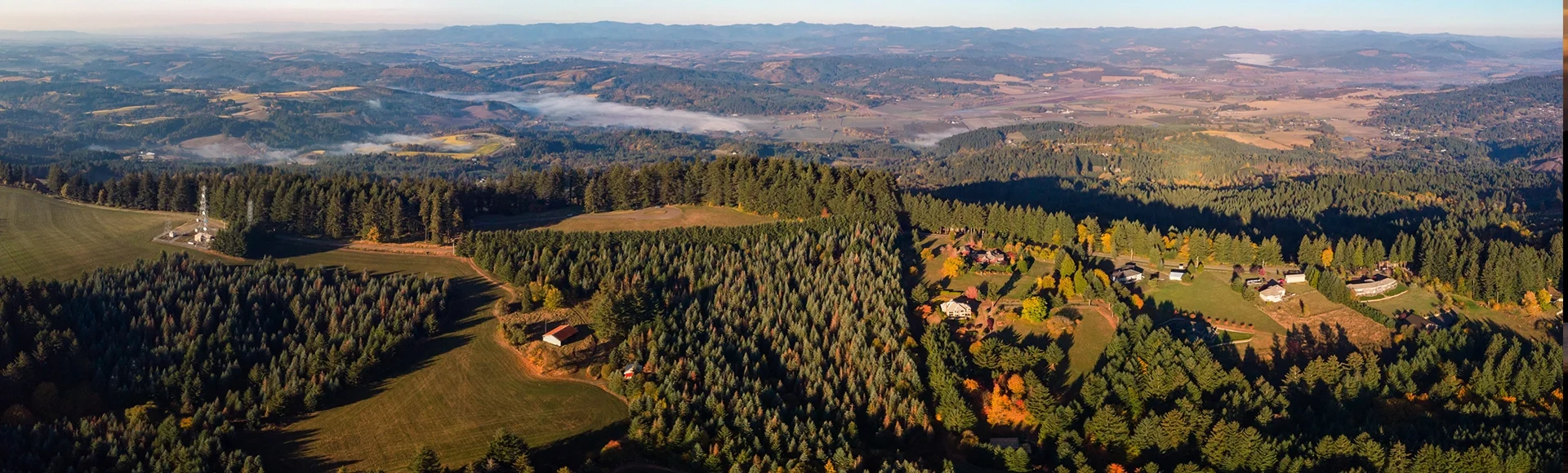 Aerial panoramic view at hills and valleys of Tualatin Valley near Bald Peak State Park, Oregon