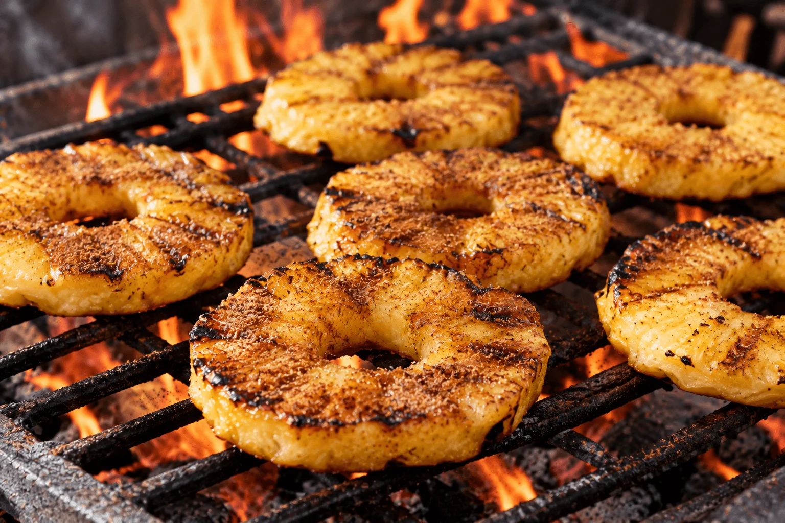 Grilled pineapple rings dusted with cinnamon over a fire pit