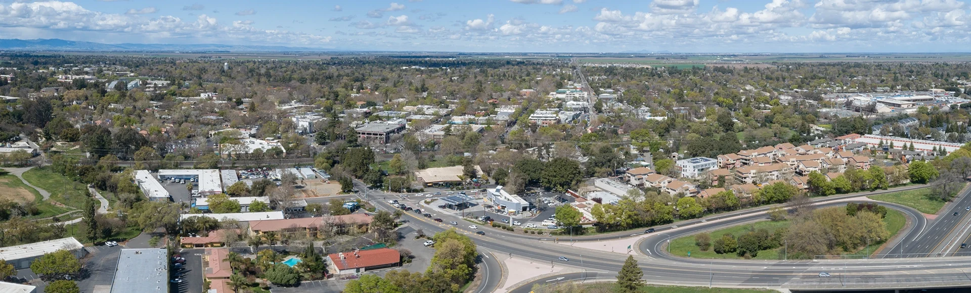 Davis California Aerial of Downtown from Freeway
