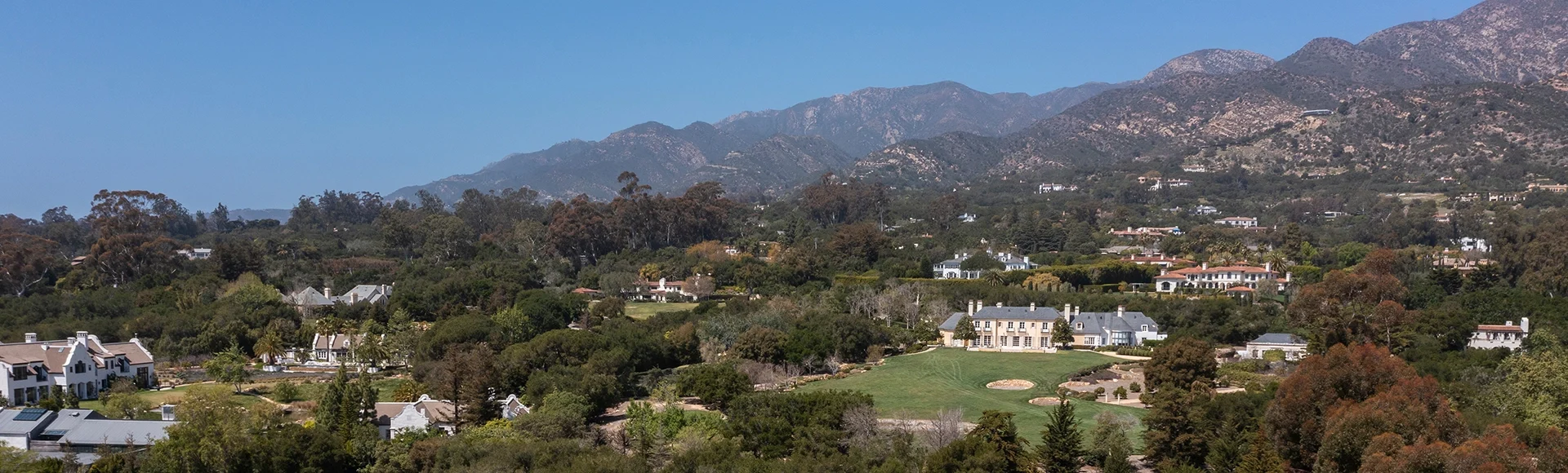 Daytime aerial view of downtown Montecito, California, USA.