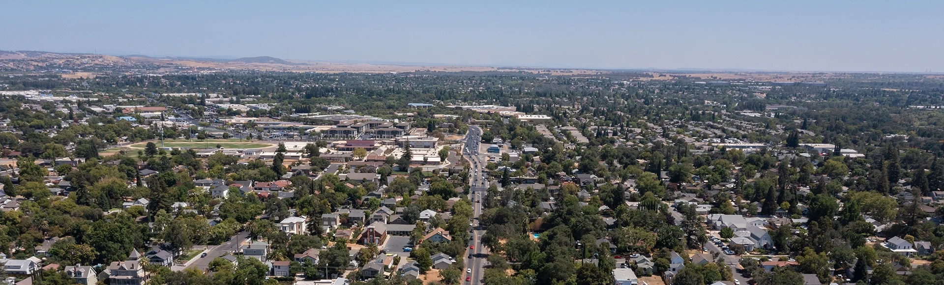 Daytime aerial view of historic downtown Folsom, California, USA.