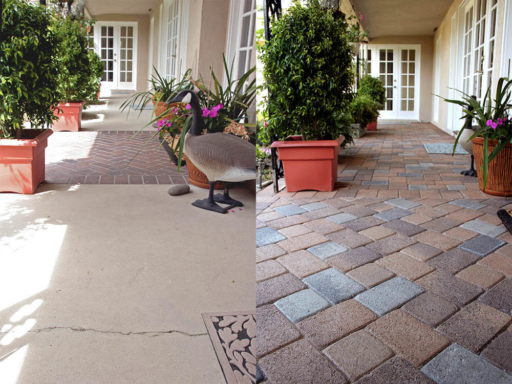 Walkway before and after - left is concrete that is cracked, right is interlocking paving stones