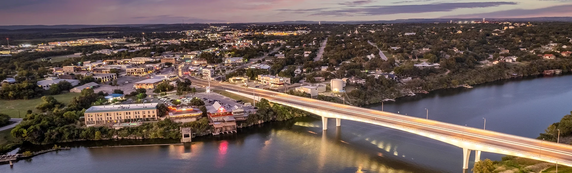 Aerial view of Marble Falls Bridge at sunset. Texas, USA