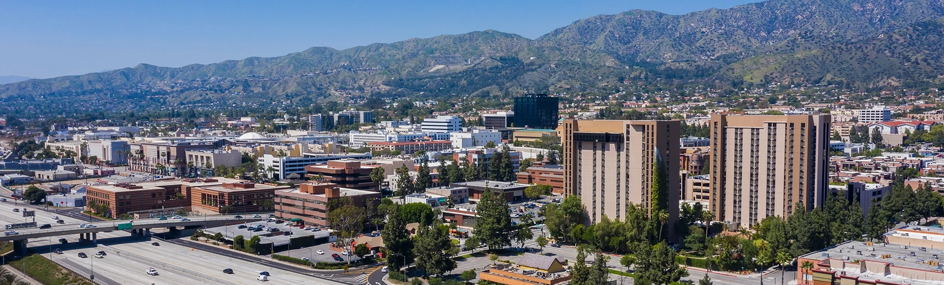 Aerial view of the downtown area of Burbank, California, USA.