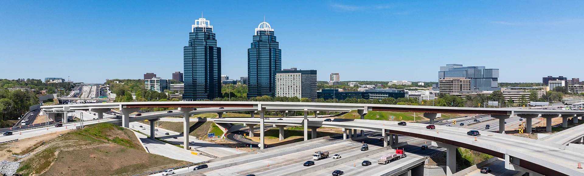 Shot of downtown Sandy Springs Georgia with the king and queen buildings. 