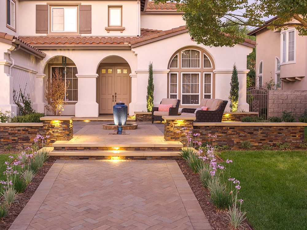 Front paver walkway and paver walls on a beautiful California home. 
