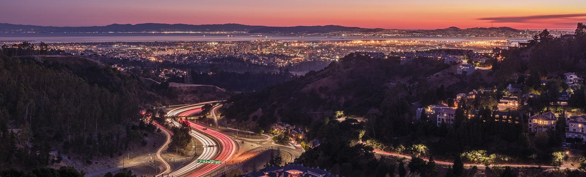 Panorama Night View of San Francisco Bay, East Bay, Oakland, Montclair, Emeryville, Oakland Bridge