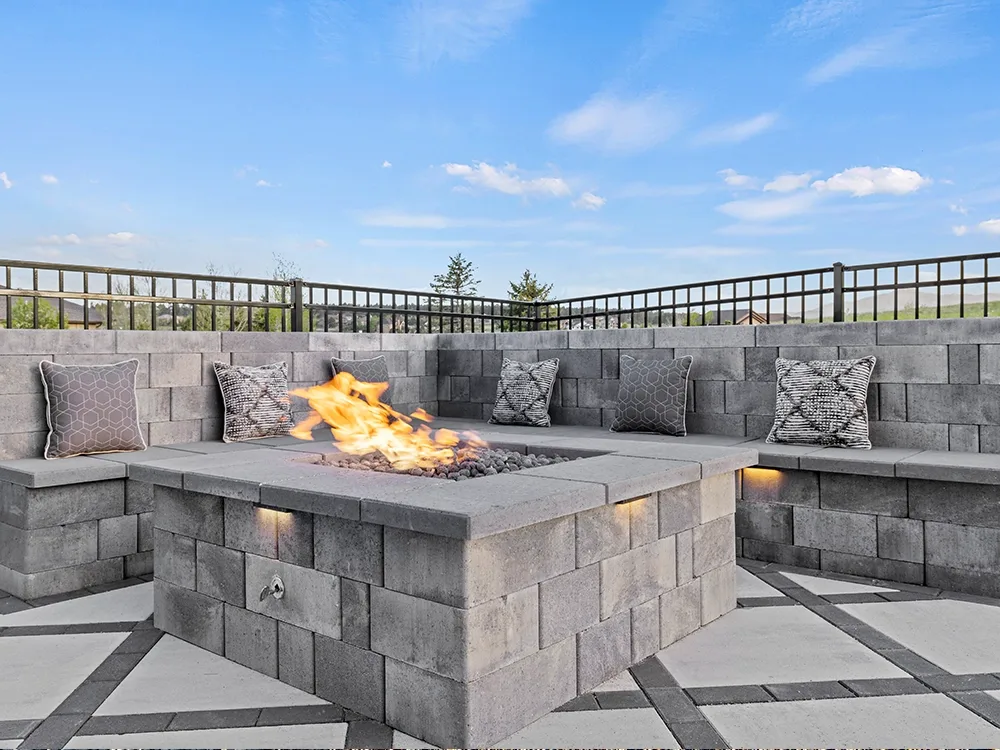 Stone fire pit in a backyard in Colorado