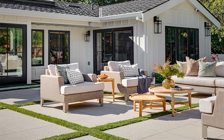 Light bright paver patio with furniture