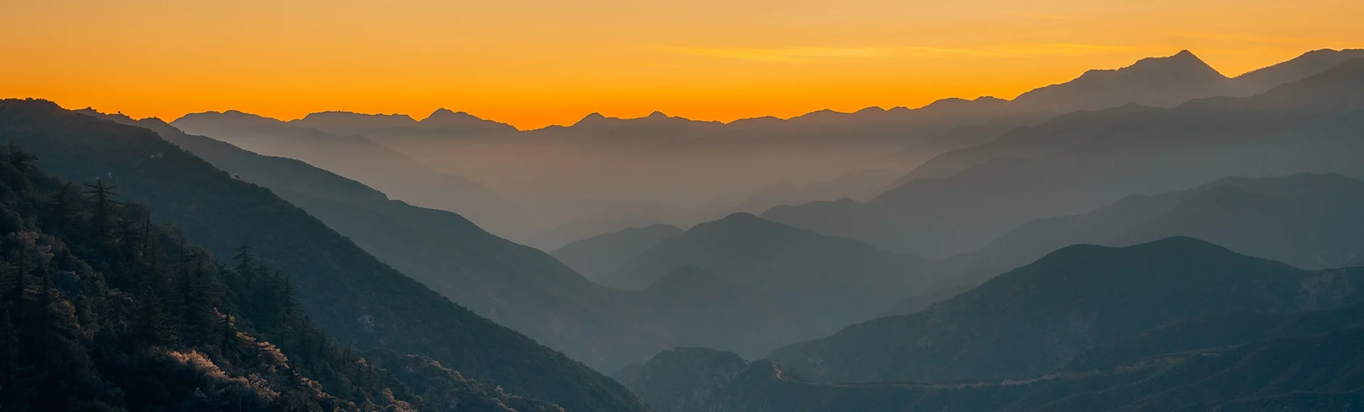 Mountain layers view from Glendora Ridge Road at sunset, in Angeles National Forest, California