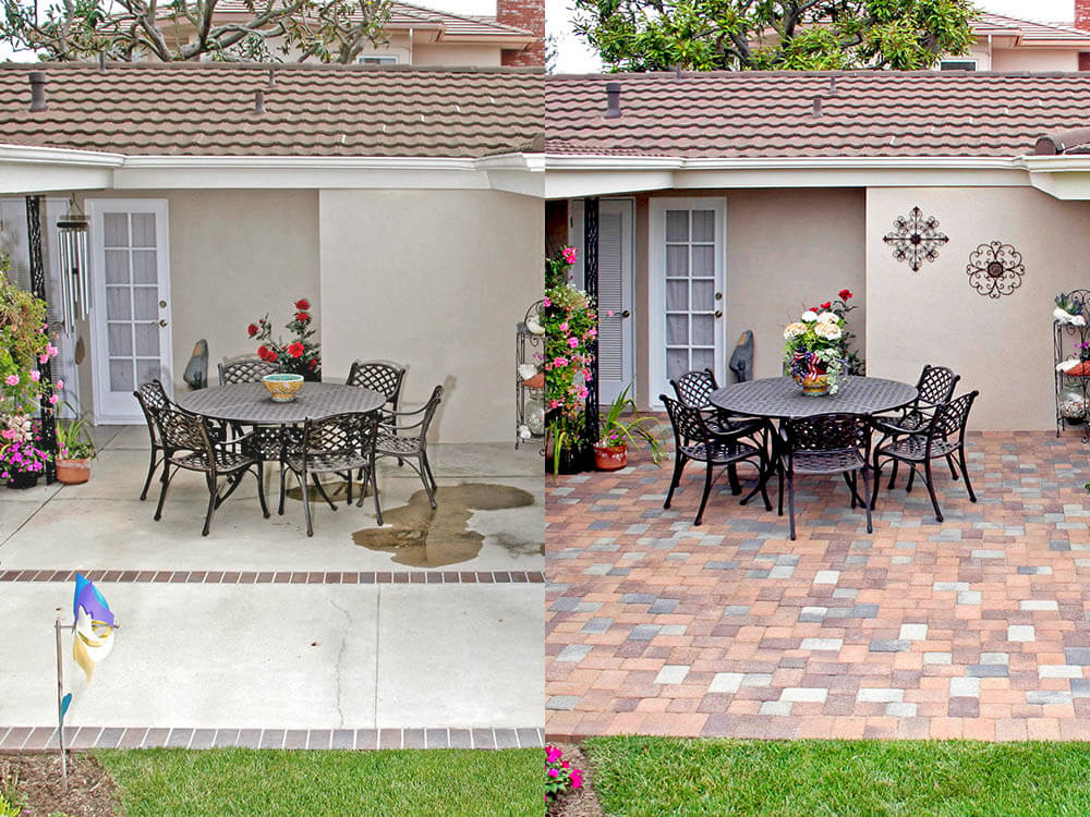 Before and after patio - concrete vs interlocking paving stones.