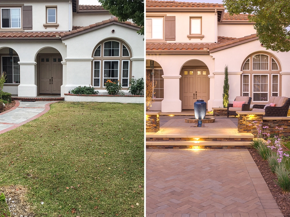 Before and after patio - concrete vs interlocking paving stones.