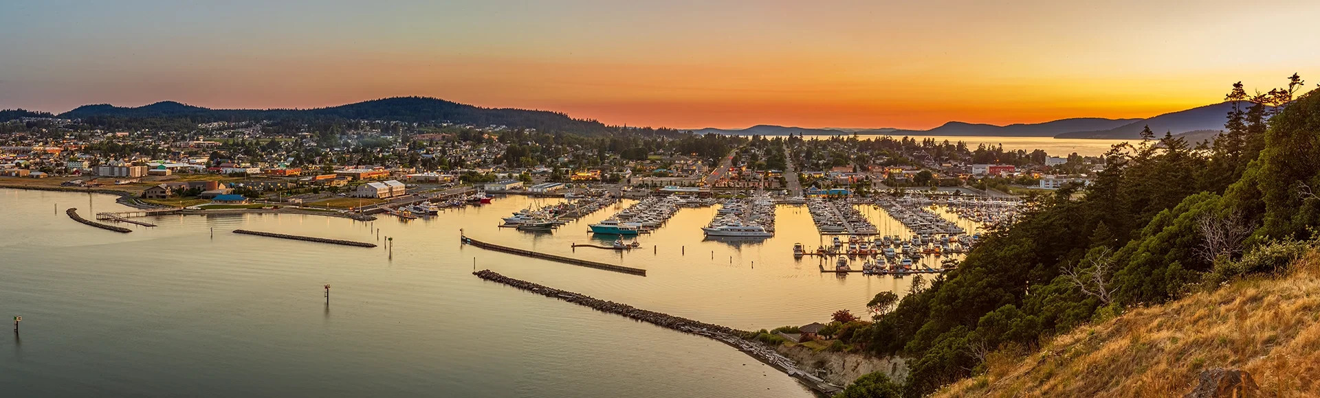 Anacortes Marina and downtown from above at sunset