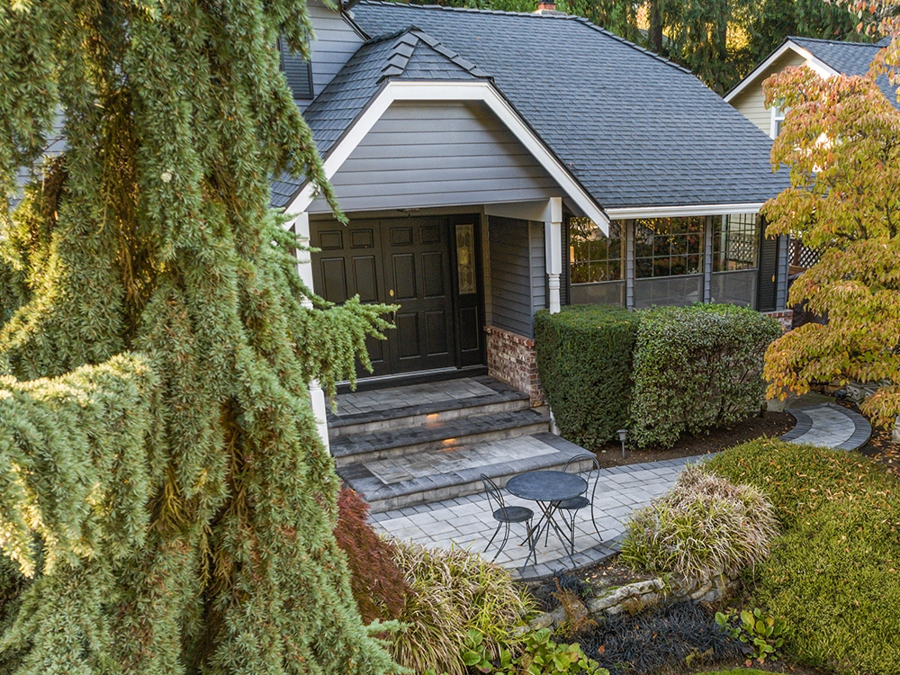 View from above of small paving stone patio in Seattle.