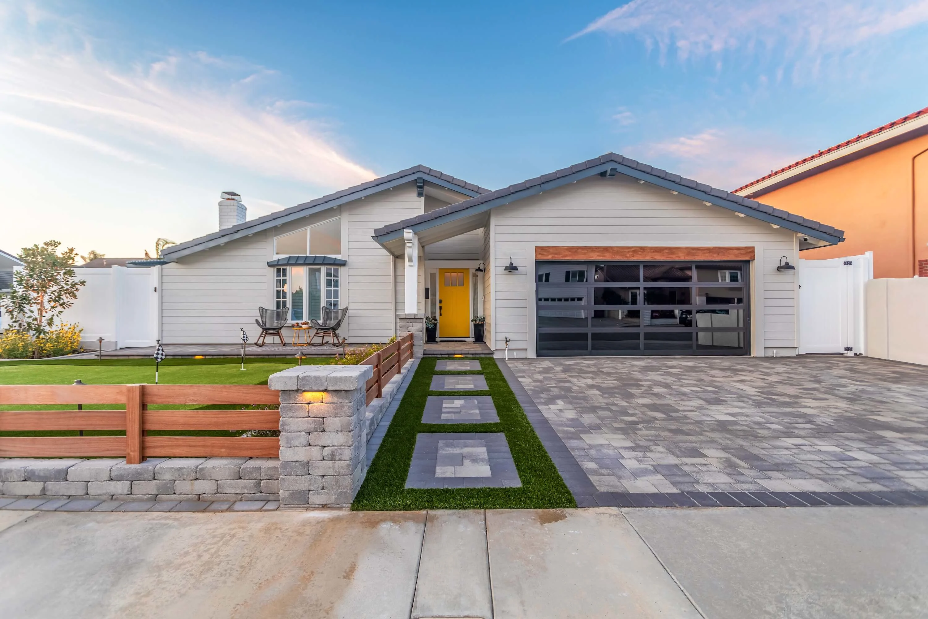Front Yard Remodel with Retaining Walls, Walkway, Putting Green and Driveway