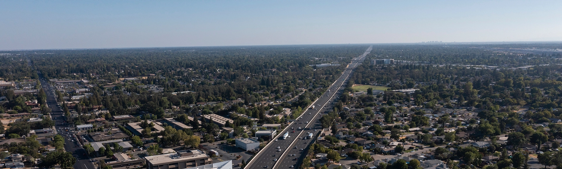 Late afternoon aerial view of the urban downtown core of Roseville, California, USA.