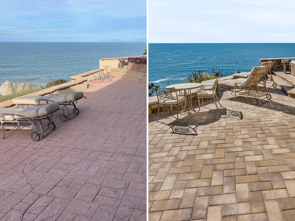 From cracked stamped concrete to paving stone overlook. 