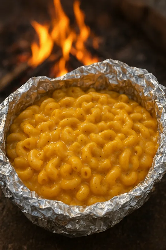 Creamy macaroni and cheese cooked over a fire