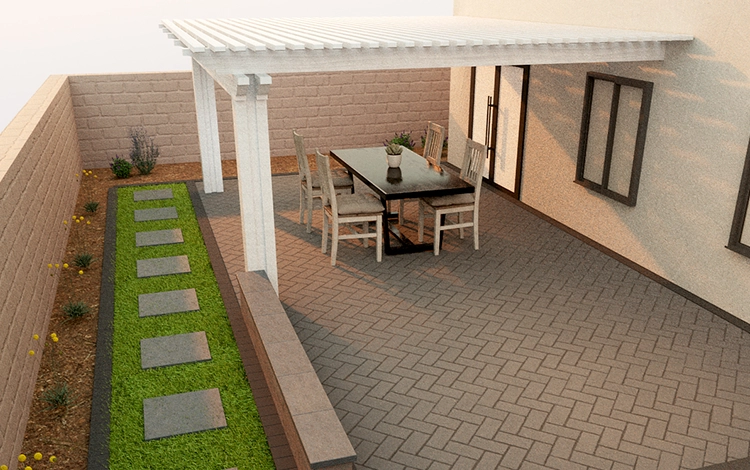 Mock of a paver patio with turf and pergola.