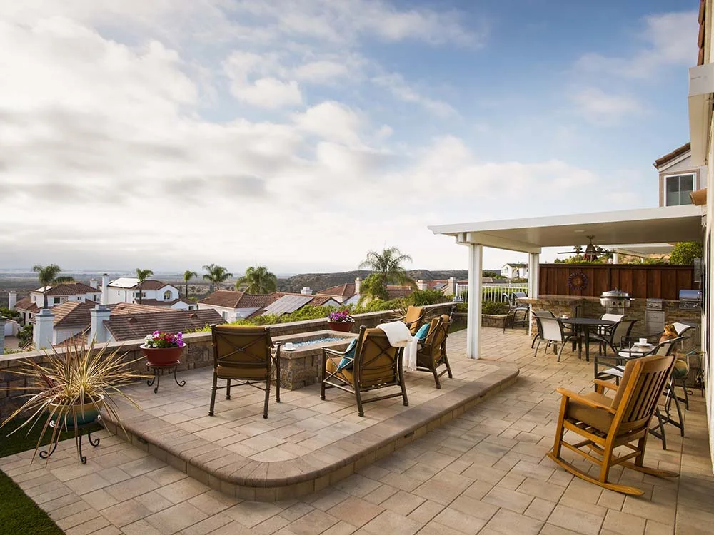 Patio, paver patio, fire pit, outdoor dining, view, paving stones, patio furniture, outdoor living space, total backyard transformation, California, daytime