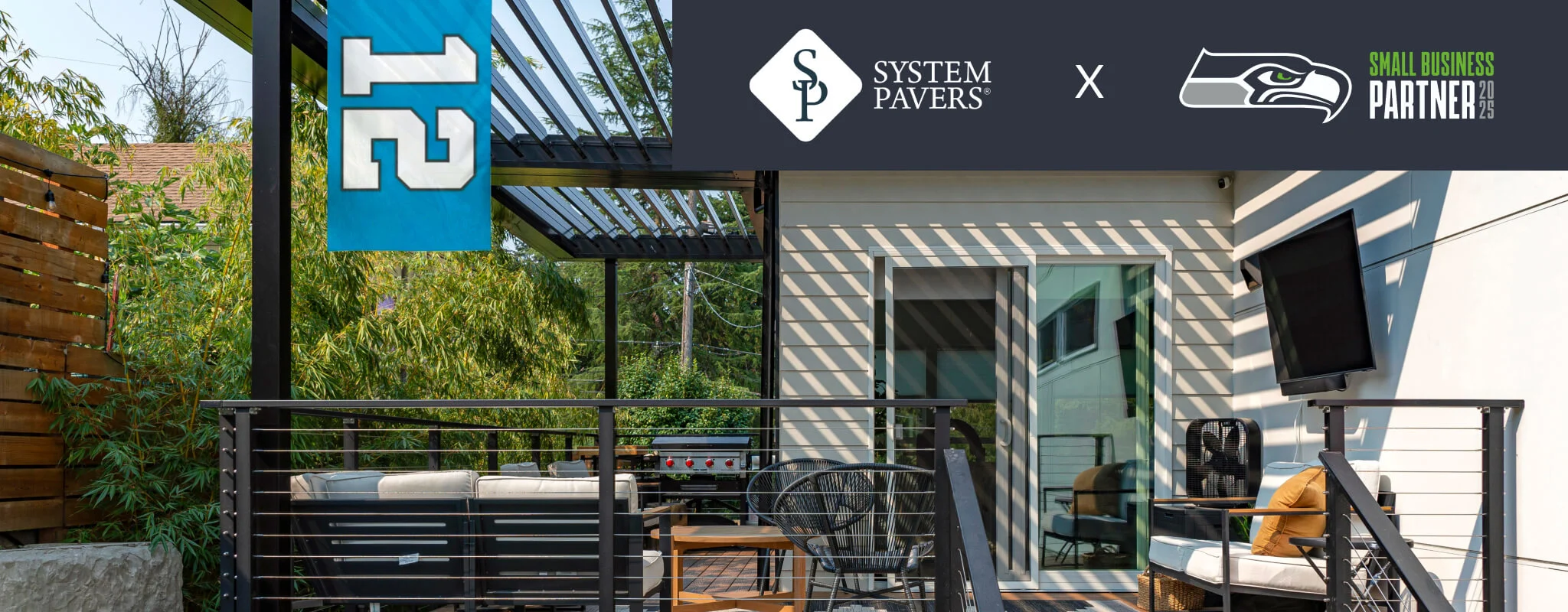 Seattle Seahawks Small Business Partnership Pergola Shaded Composite Deck with 12s Flag