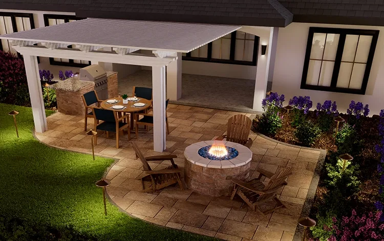 Render of paver patio, fire pit, pergola, artificial turf at night. 