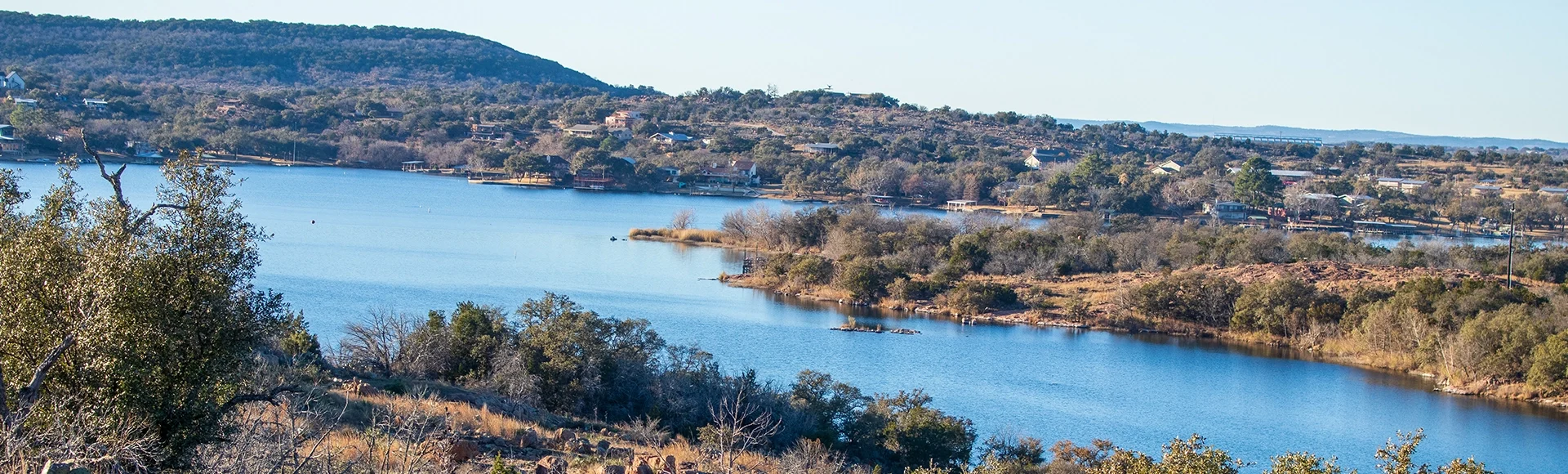 Texas Hill Country lake views from the top of a hill on a trail located in Inks Lake State Park, Burnet Texas. Texas State Parks Celebrating 100 years. 