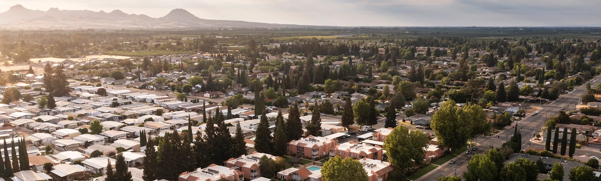 Afternoon aerial view of the urban core of downtown Yuba City, California, USA.