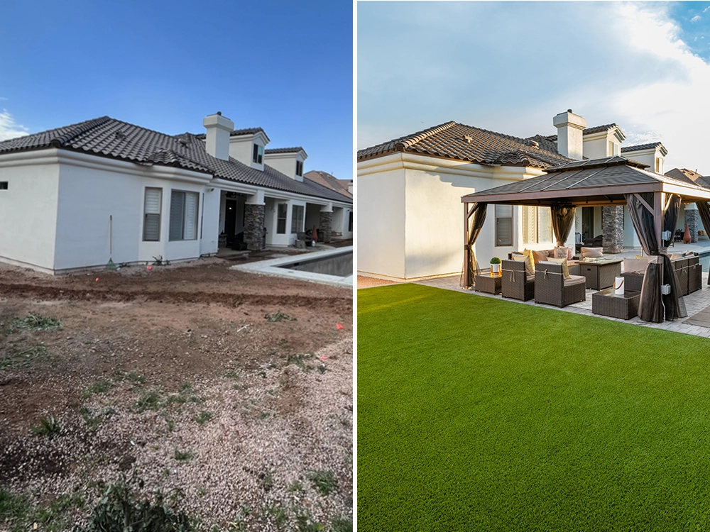 Before and after backyard- from gravel/dirt lawn to artificial turf lawn with pergola covered patio.