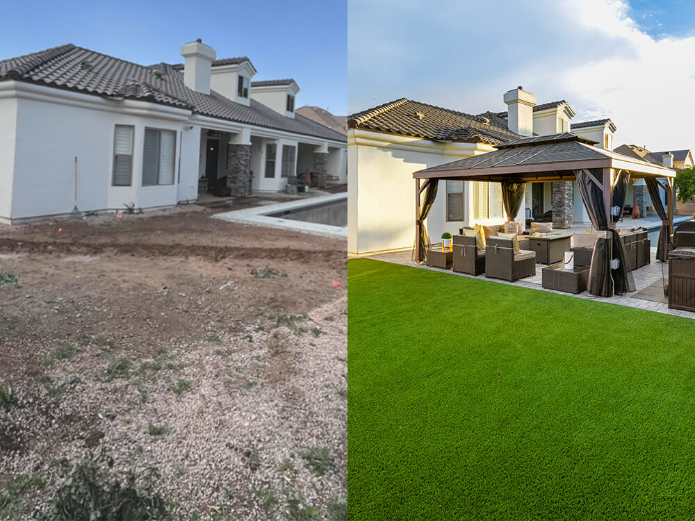 Before and after backyard- from gravel/dirt lawn to artificial turf lawn with pergola covered patio.