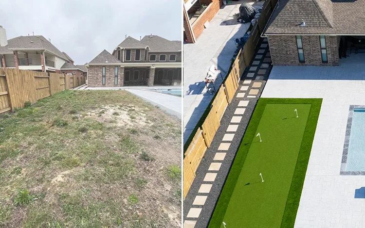 Before and after side yard. From dirt to putting green and paving stone pool deck.