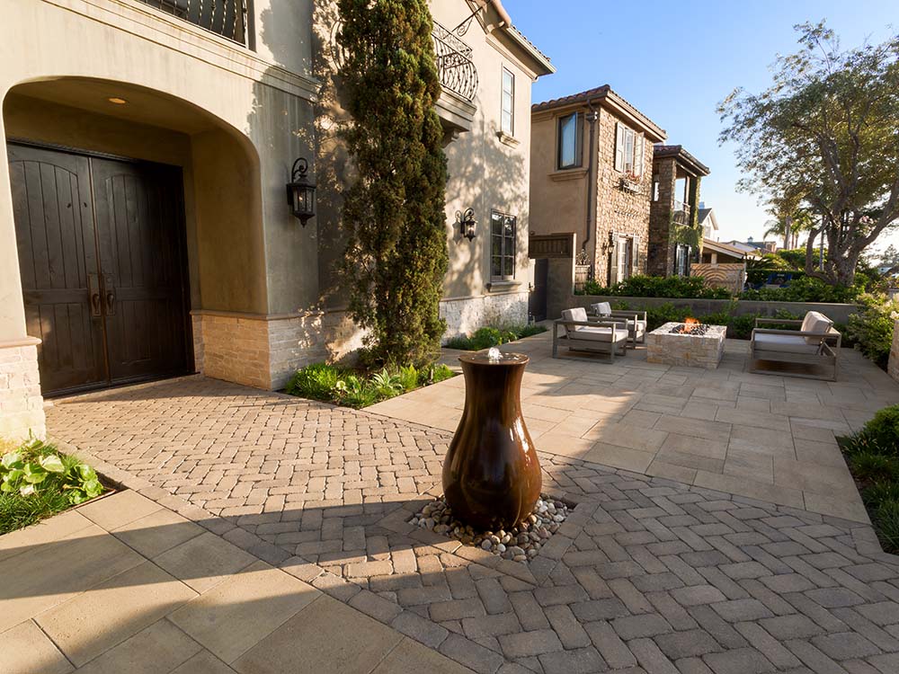 paver patio with fountain and paving stone gas fire pit