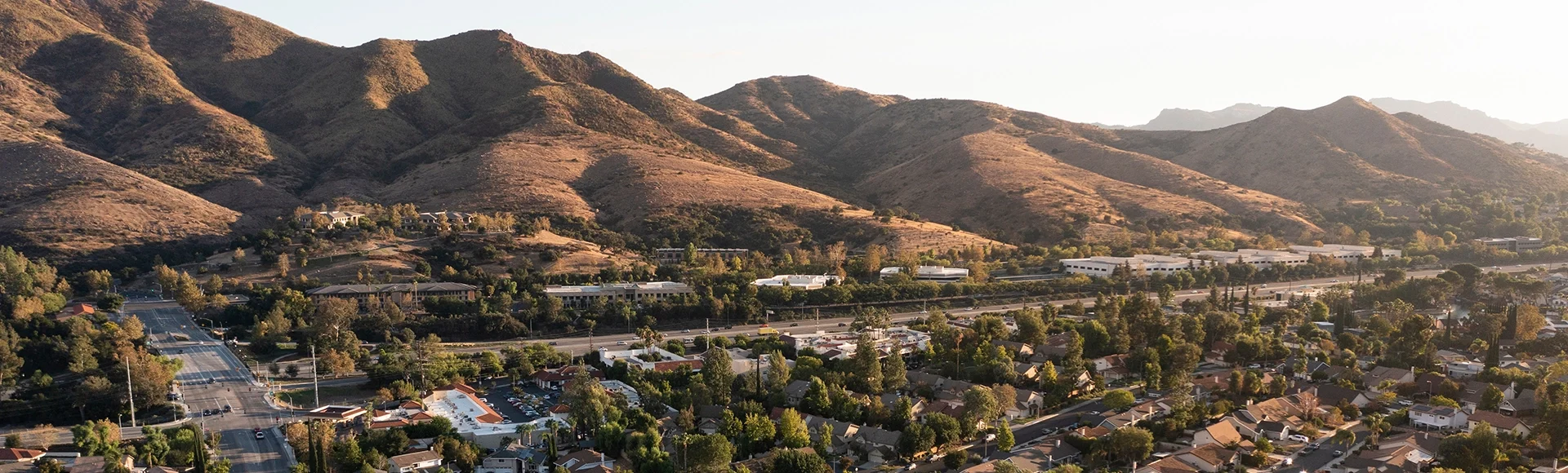 Sunset aerial view of single family housing in Agoura Hills, California, USA.