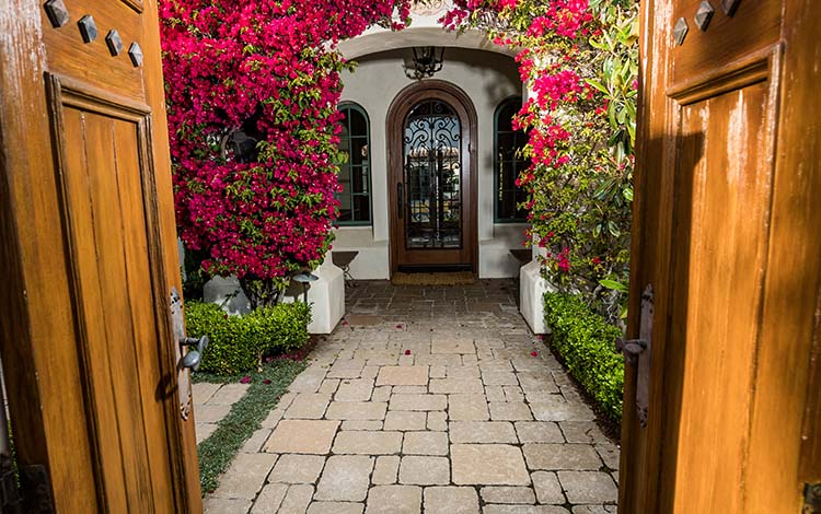 Paver walkway, front entrance, paving stones, flowers, front door, courtyard, landscape ideas, California, universal region, daytime