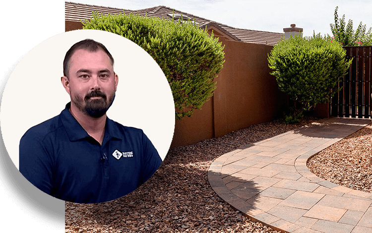 Paver walkway in Phoenix with Joe Wade's headshot