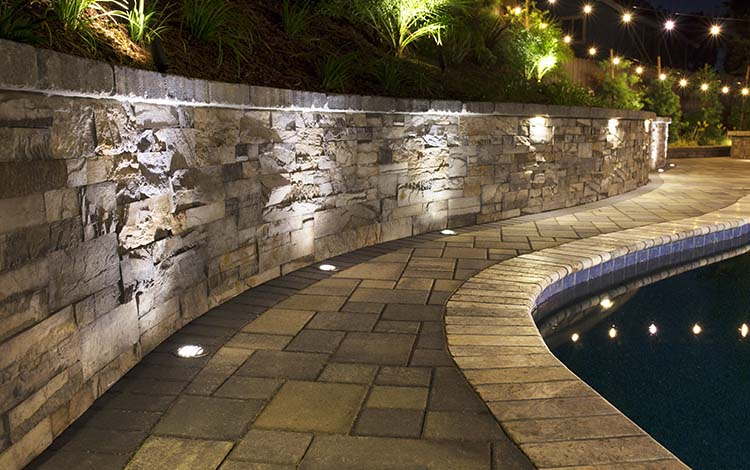 Outdoor lighting, pool, pool deck, pavers, retaining wall, universal region, night