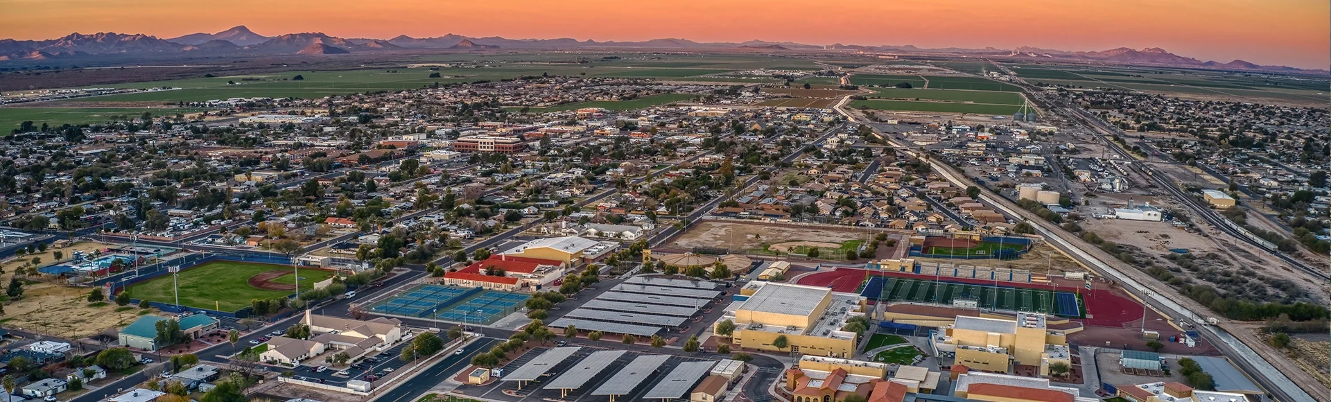 Aerial View of Sunrise over the Phoenix Suburb of Buckeye, Arizona