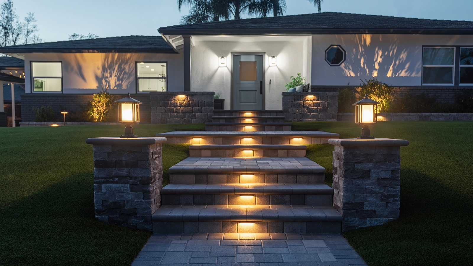 Front of home after System Pavers steps with designed lighting