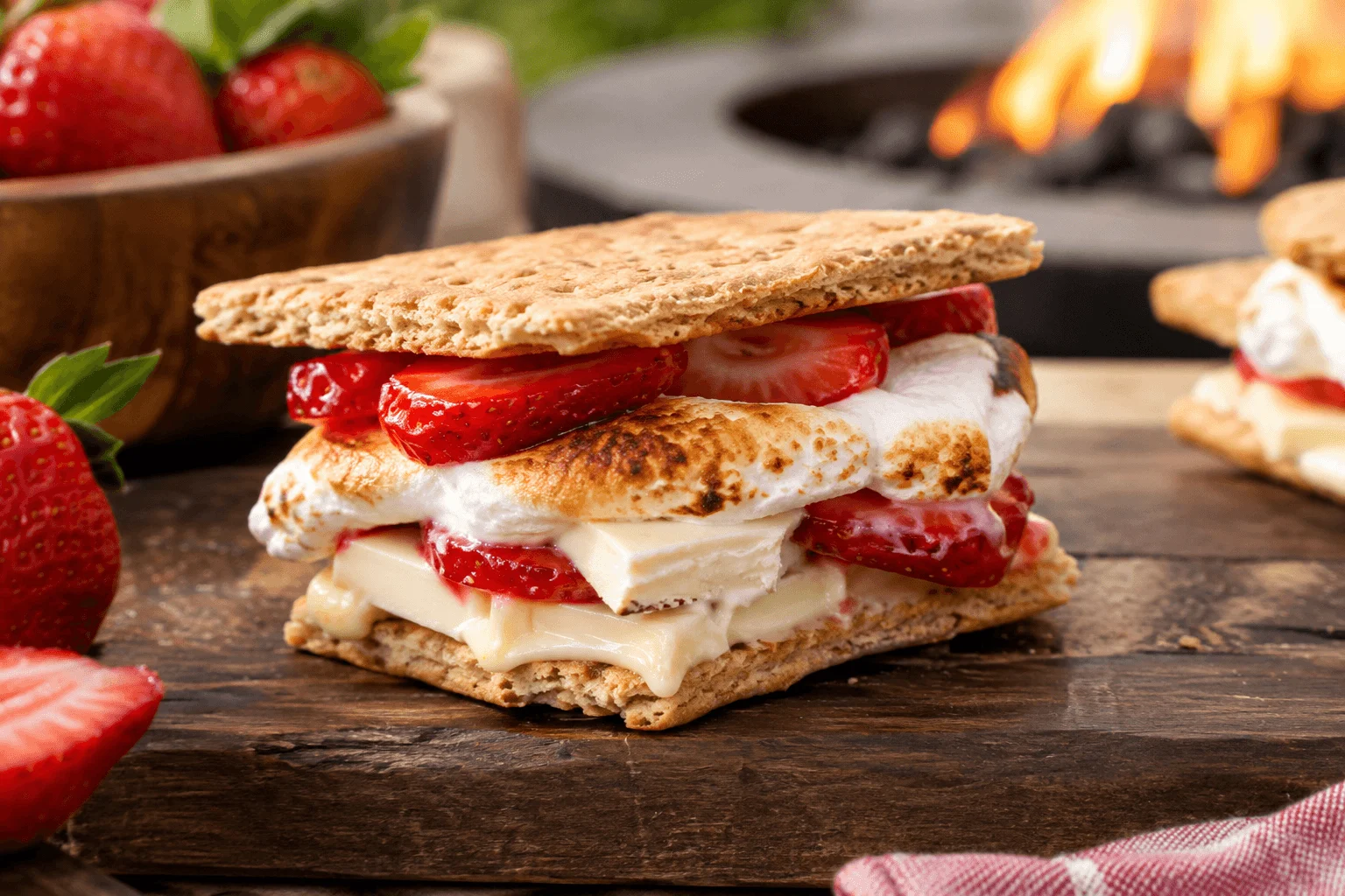 Creative s'mores recipe with sliced strawberries and white chocolate 