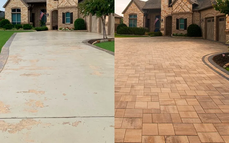 Cracked concrete driveway replaced by paving stone driveway
