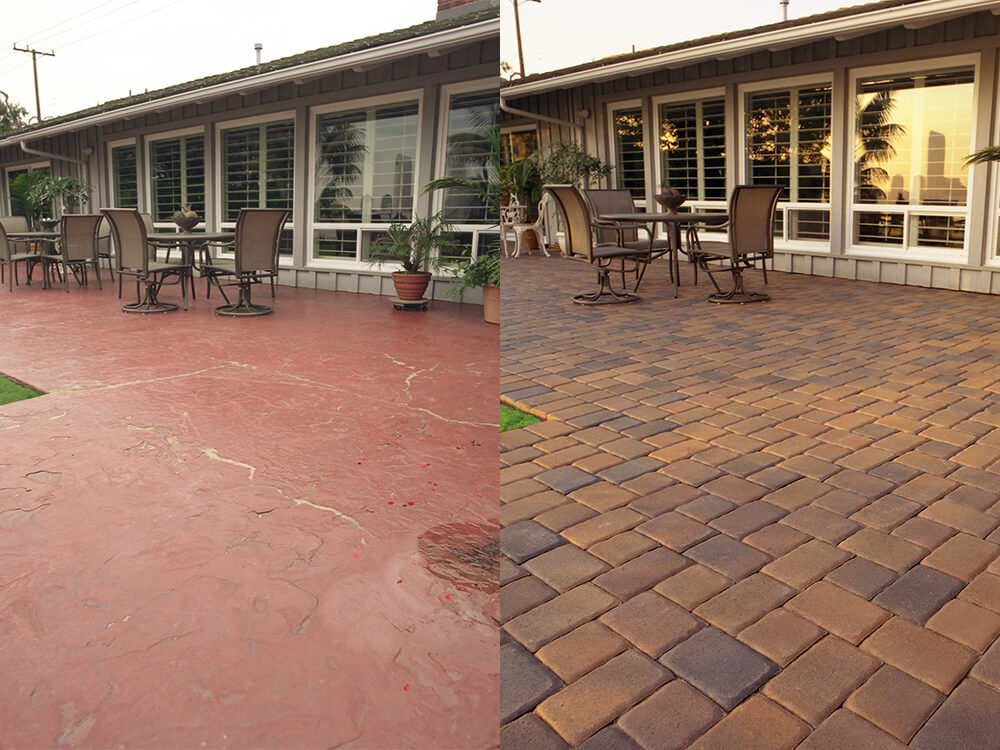 Before and After Patio - right is crack painted red concreate and left is interlocking packing stones