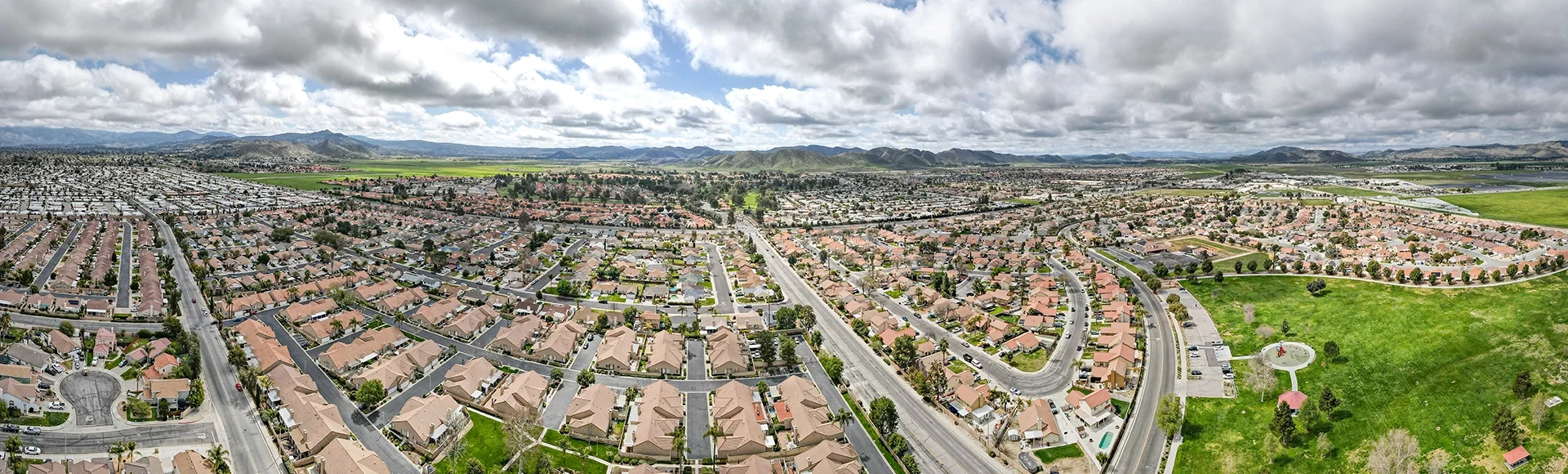 
Aerial panoramic view of Hemet city in the San Jacinto Valley in Riverside County, California, USA.