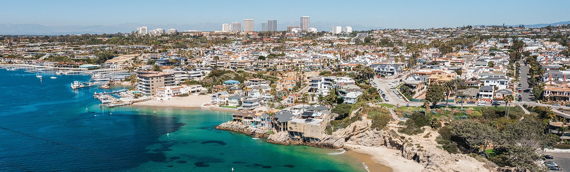 An aerial view of Newport Harbor and Newport Beach, California