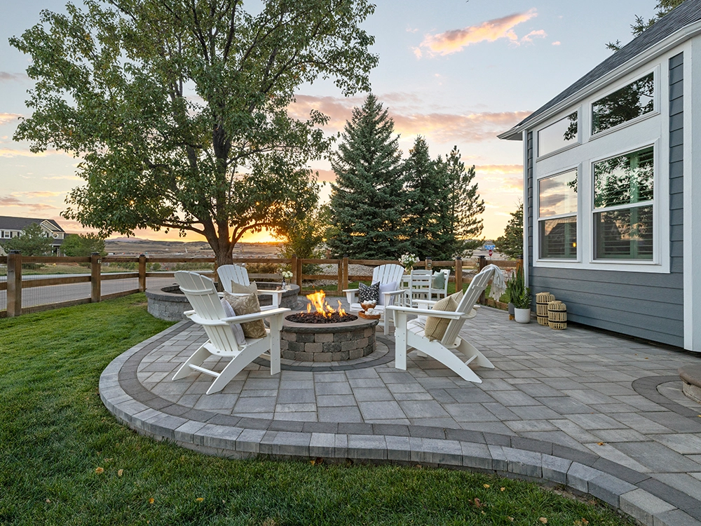 Colorado paver patio with built-in fire pit. 